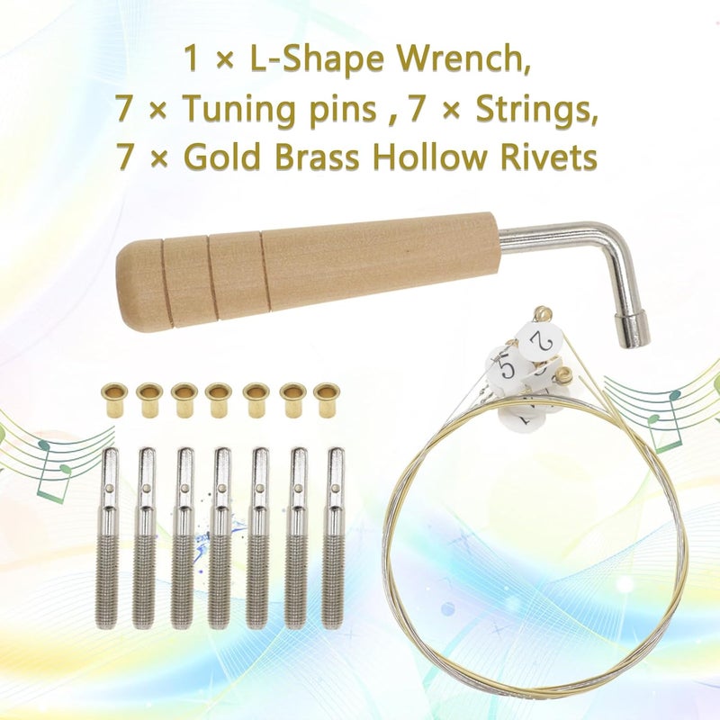 CashBeat Lyre Harp Strings Replacement Kit, 7 Strings, L-Shape Wrench, 7 Tuning Pins with 7 Gold Brass Hollow Rivets, Perfect for Lyre Harp Maintenance and Repair - Image 5